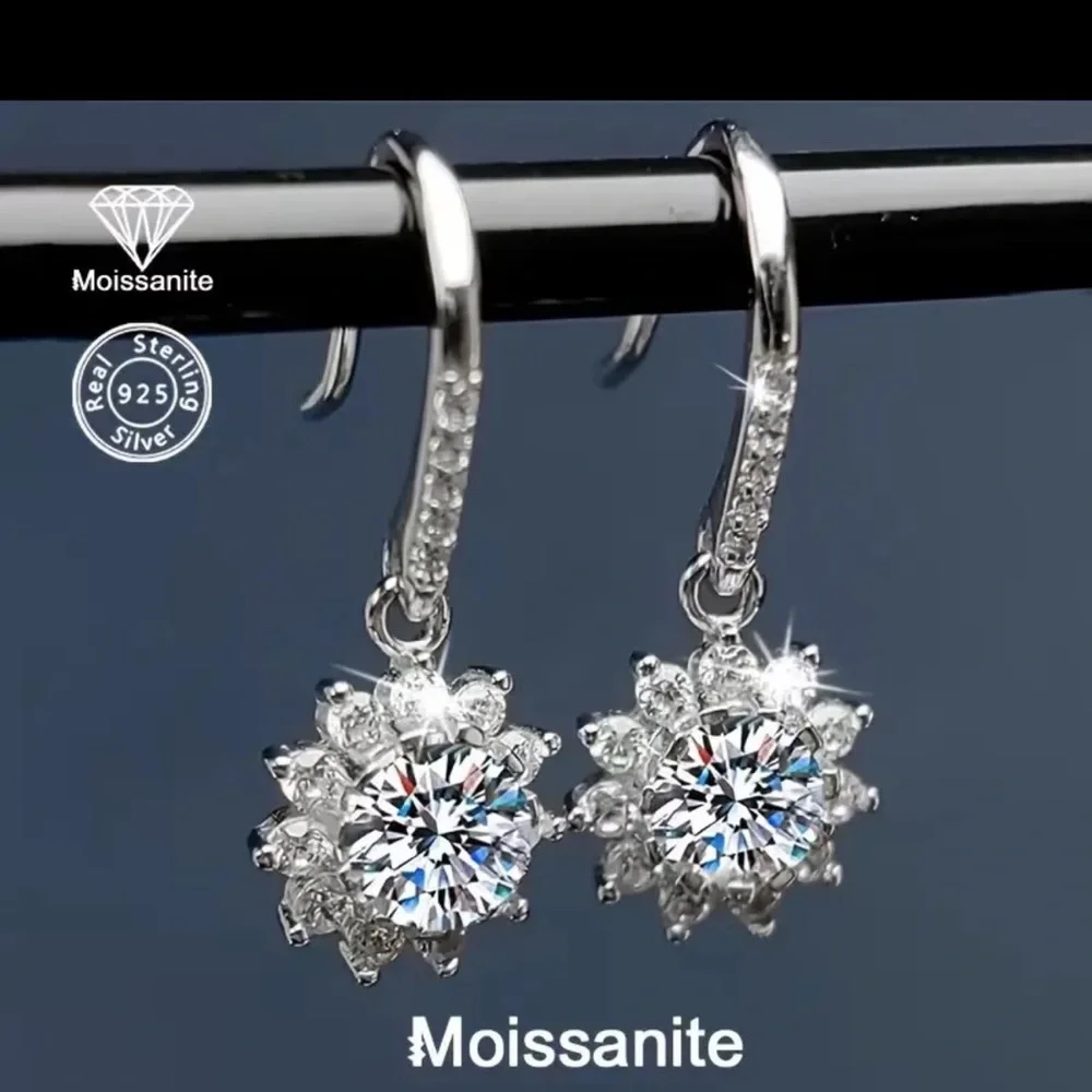Sterling Silver Moissanite Snowflake Drop Earrings in Silver